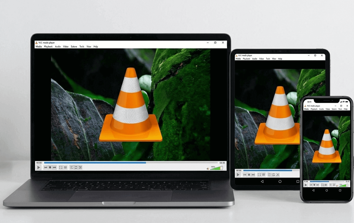 VLC media player displayed on laptop, tablet, and smartphone showing responsive multi-device compatibility