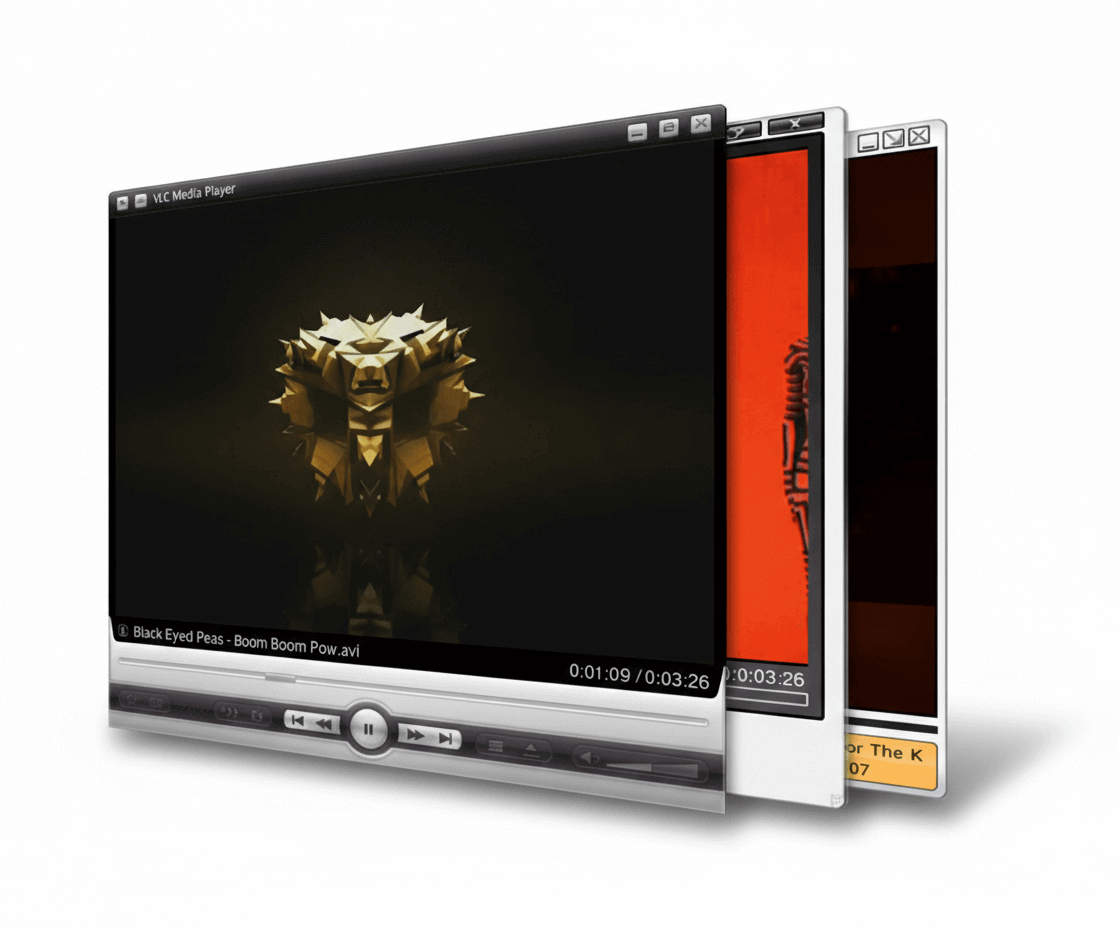 VLC media player on Windows showing multiple stacked player windows with video playback and controls